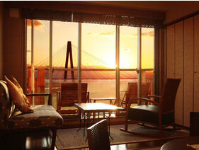 豆陽亭川側客室一例／客室から望む美しい夕日。素敵な旅の思い出に…