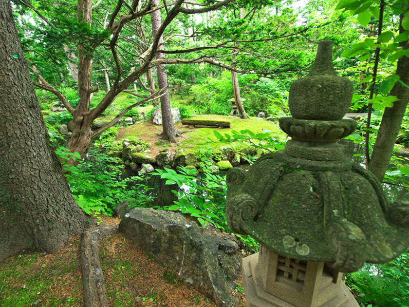 巨石や樹齢数百年の木々に囲まれる日本庭園