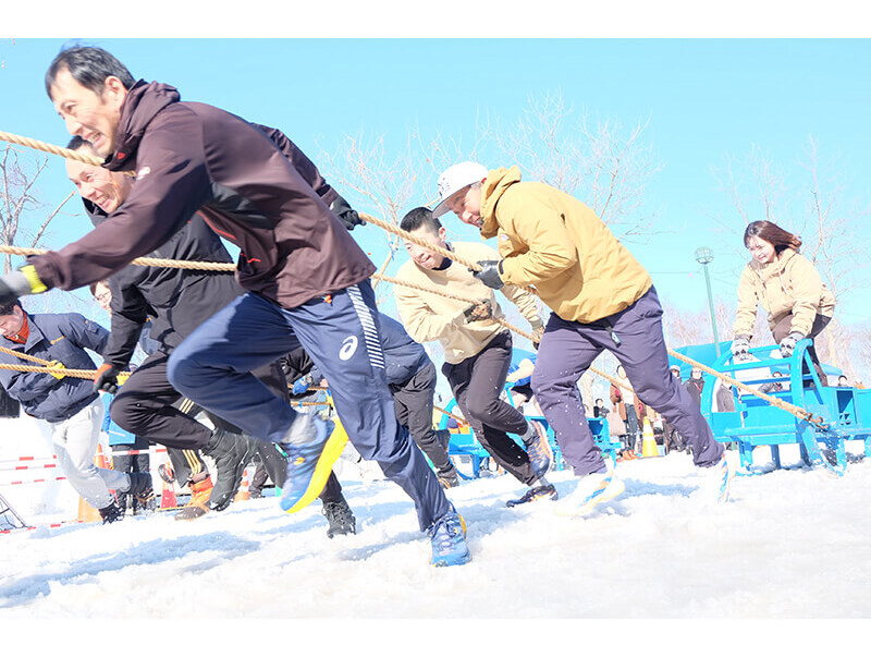 人間ばんば。雪にも負けず人間の乗ったそりを力一杯引いて駆け抜けます！