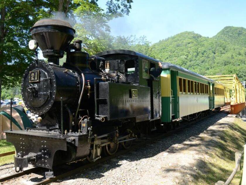 木材のまち丸瀬布の風物詩として愛された「雨宮21号」。「ボーッ」と汽笛を響かせ今も元気よく森の中を運行しています。