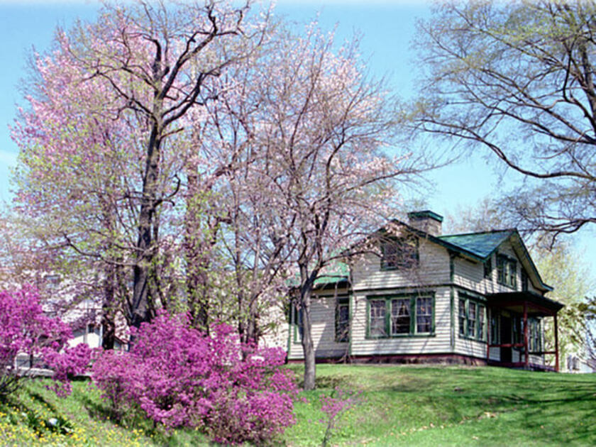 白い下見板張りに鮮やかな緑の屋根と窓が映える瀟洒な洋館。春は桜色に彩られ愛らしい