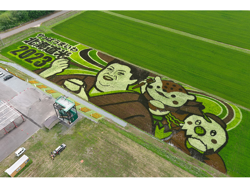 2014年から北海道米のイメージキャラクターを務めている 「マツコ・デラックス」さんとのコラボ。右手には旭川市のシンボルキャラクター 「あさっぴー」と鷹栖町のマスコットキャラクター「あったかすくん」が描かれている。（2023年空撮）