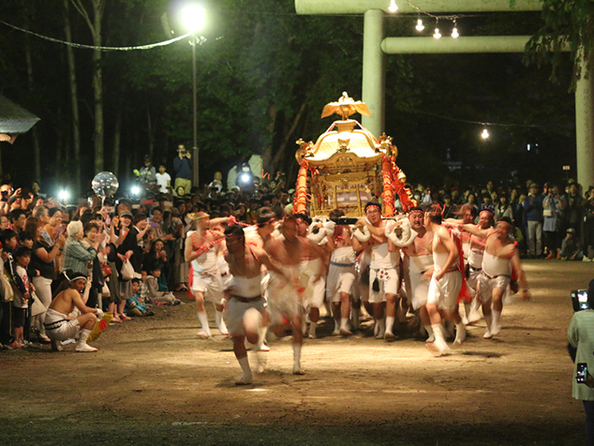 神社坂を一気に駆け上がる神輿渡御のクライマックス