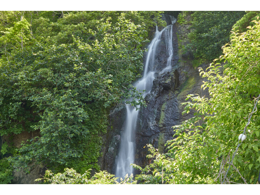 三味線沢川から噴火湾へと注ぐ、落差50mほどの滝。滝の前には車1台ほどが止められるスペースがある